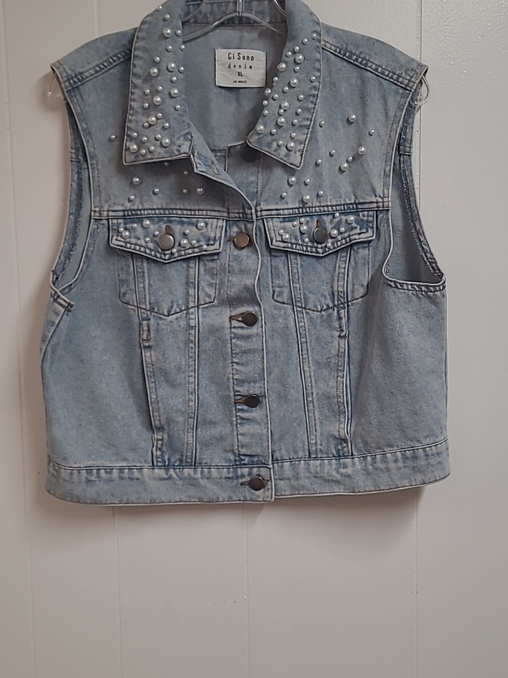Ci Sono Light Wash Pearl-Studded Denim Vest Sleeveless Four Pocket Sz XL - Picture 13 of 13
